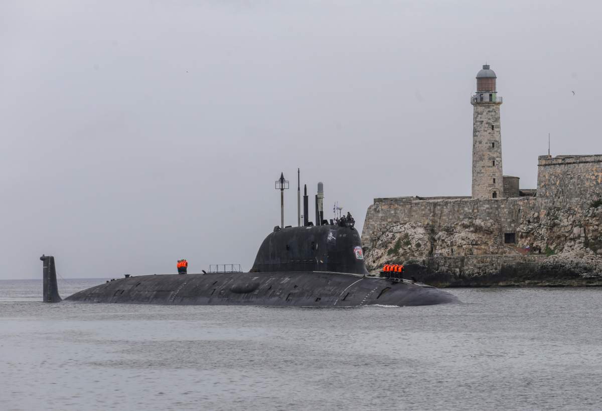 Russia’s Kazan nuclear submarine arrives at the port of Havana, Cuba, Wednesday, June 12, 2024. A fleet of Russian warships reached Cuban waters on Wednesday ahead of planned military exercises in the Caribbean. (AP Photo/Ariel Ley)