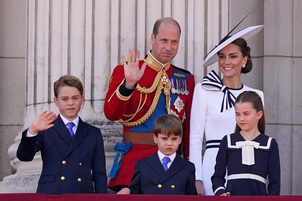 Prince William, and Kate Princess of Wales on the balcony of Buckingham Palace with their children Prince George, left, Prince Louis, front centre, and Princess Charlotte wave to the crowds after the Trooping the Color ceremony, in London, Saturday, June 15, 2024. Trooping the Color is the King’s Birthday Parade and one of the nation’s most impressive and iconic annual events attended by almost every member of the Royal Family.