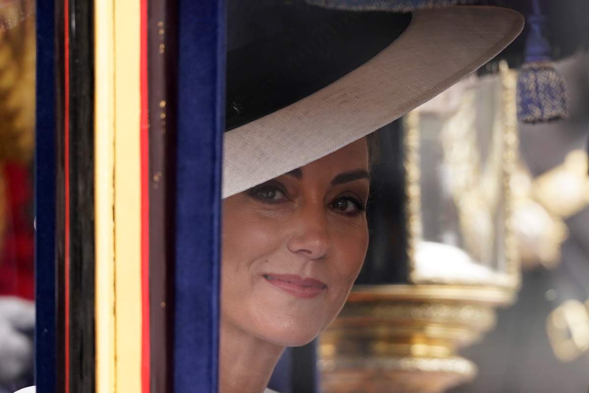 Kate, Princess of Wales looks out from her carriage as she travel to attend the Trooping the Color ceremony, in London, Saturday, June 15, 2024. Trooping the Color is the King’s Birthday Parade and one of the nation’s most impressive and iconic annual events attended by almost every member of the Royal Family.