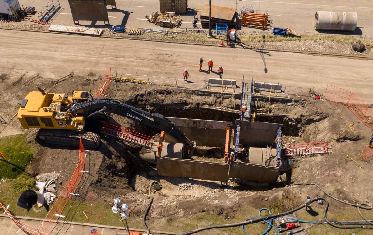 Aerial picture of a water main break in Calgary Monday, June 10, 2024.