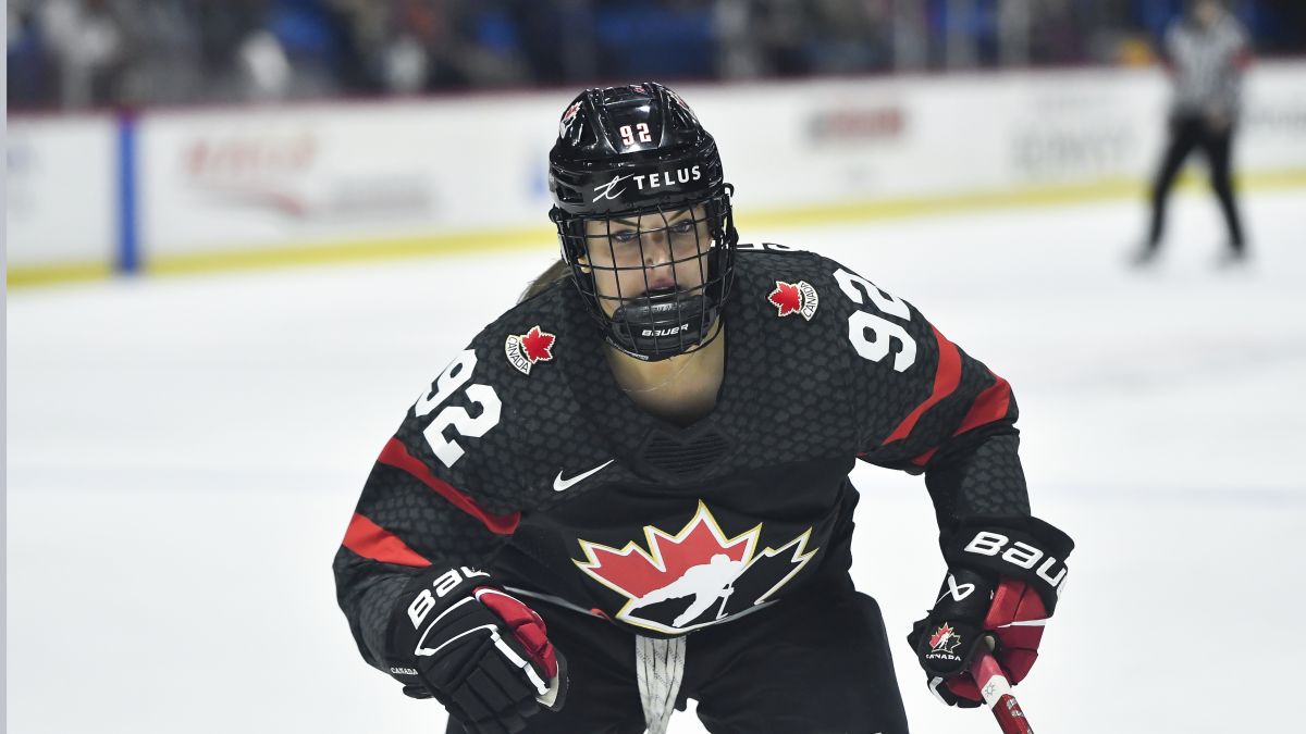 Canada forward Danielle Serdachny (92) skates during the second period in the semifinals against Czechia at the IIHF Women's World Hockey Championships in Utica, N.Y., Saturday, April 13, 2024.