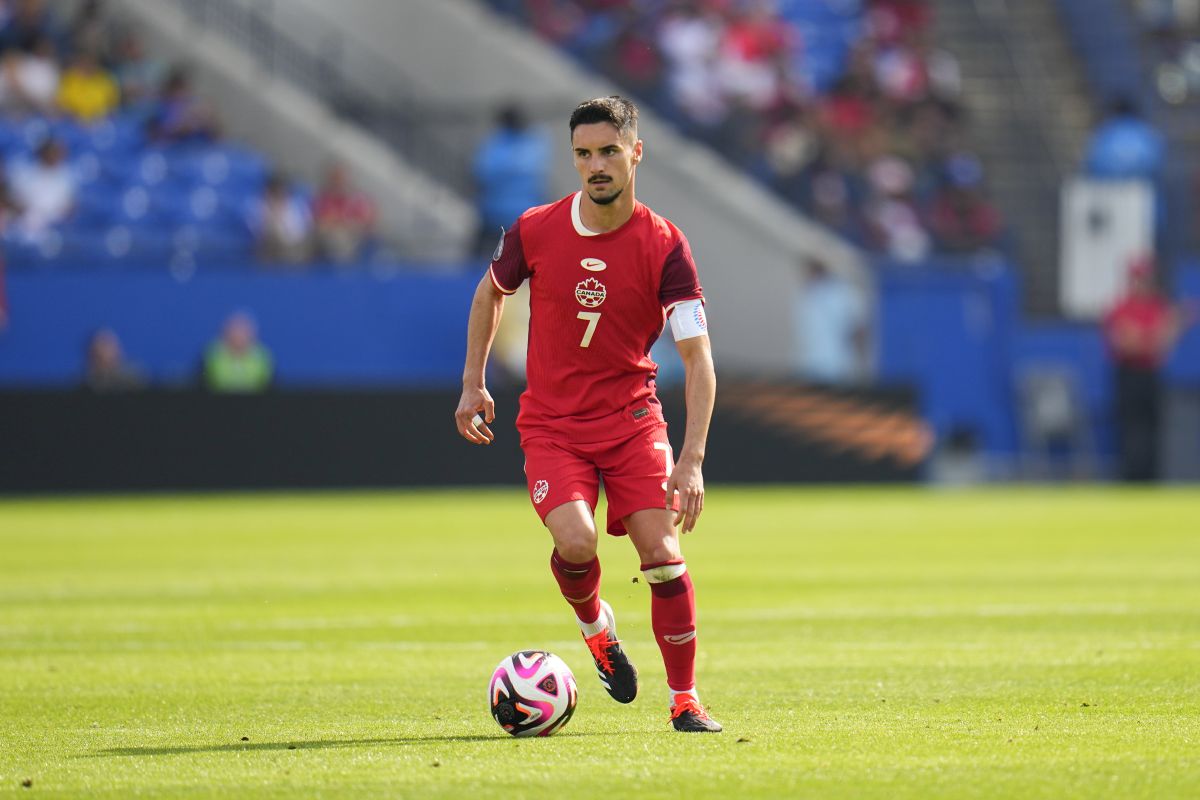 Canada midfielder Stephen Eustaquio (7) runs with the ball during the second half of a CONCACAF Nations League Play-In soccer match between Trinidad And Tobago and Canada, Saturday, March 23, 2024, in Frisco, Texas.