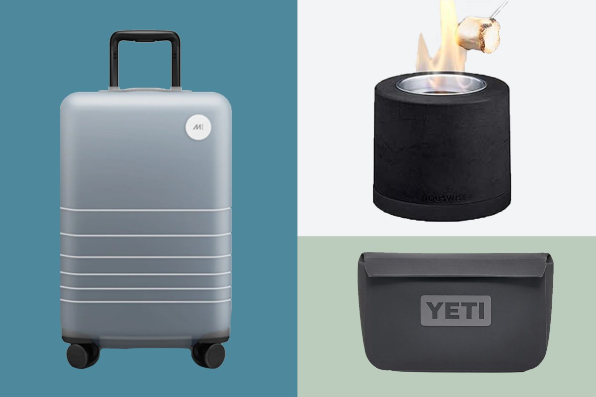 Father's Day gift ideas including a suitcase cover, small firepit and Yeti rain bag