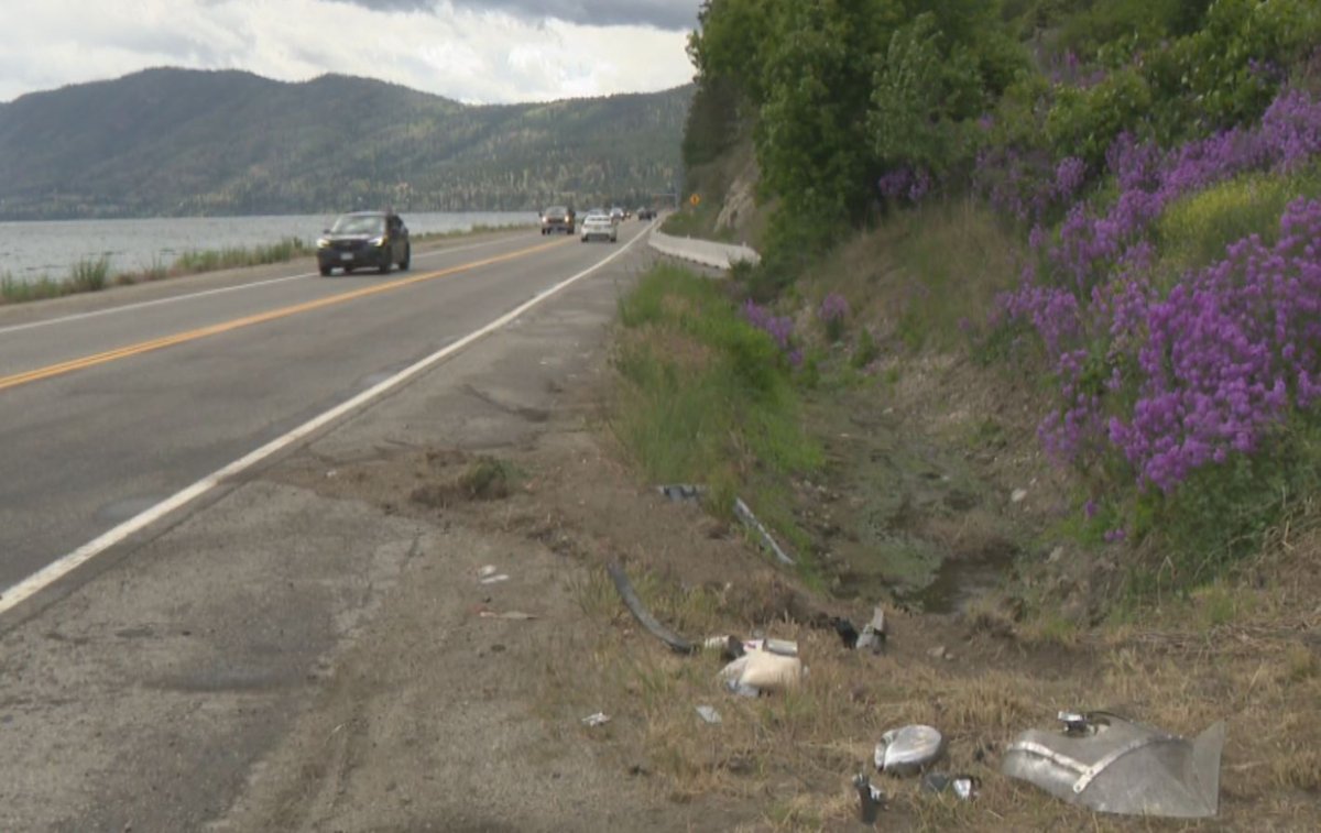 Parts of a motorcycle litter the ditch alongside Highway 97 near Peachland following a two-vehicle collision on Monday night.