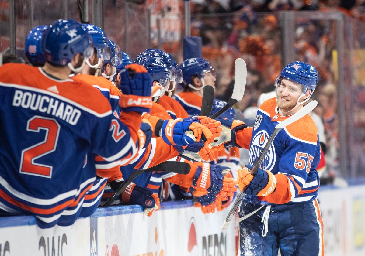 Edmonton Oilers' Dylan Holloway (55) celebrates a goal against the Florida Panthers during third period Game 4 action of the NHL Stanley Cup final in Edmonton on Saturday June 15, 2024.