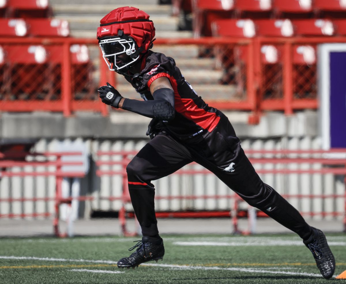 Calgary Stampeders defensive back Demerio Houston runs during opening day of training camp in Calgary, Alta., Sunday, May 12, 2024.