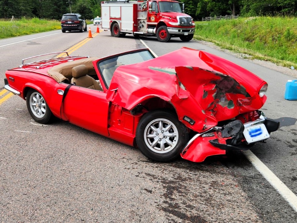 Peterborough County OPP say this car was struck by a vehicle leaving a driveway onto Hwy. 28 in Douro-Dummer Township on June 21, 2024. Three people were taken to hospital.