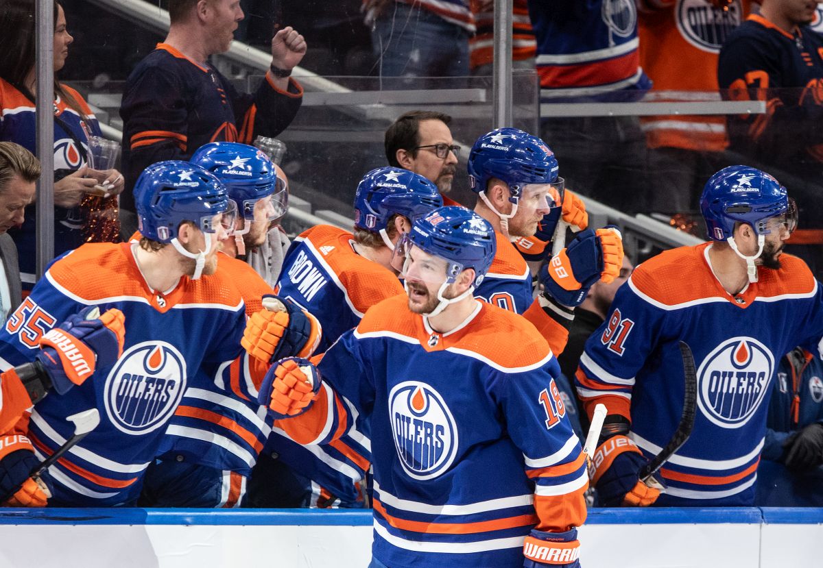 Edmonton Oilers' Zach Hyman (18) celebrates a goal against the Dallas Stars during first period action in game 6 of the Western Conference finals of the NHL Stanley Cup playoffs in Edmonton on Sunday June 2, 2024.