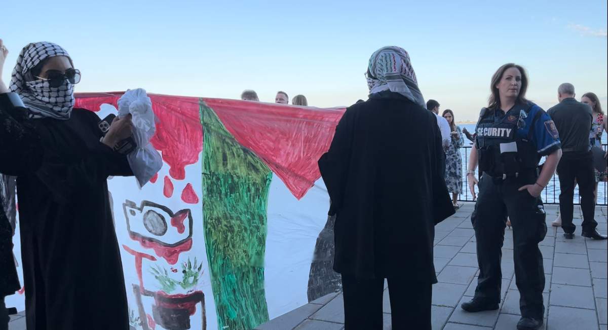 Pro-Palestinian protestors gathered outside the Isabel Bader Centre in Kingston to disrupt a convocation ceremony for students at Queens University's school of medicine on June 6, 2024.