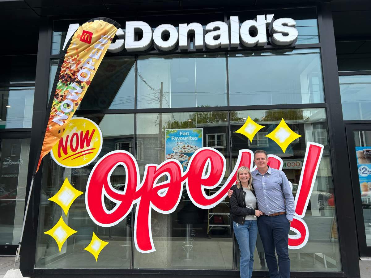 Mark Nelson and his wife, Samantha, outside of the new McDonald’s on Quinpool.