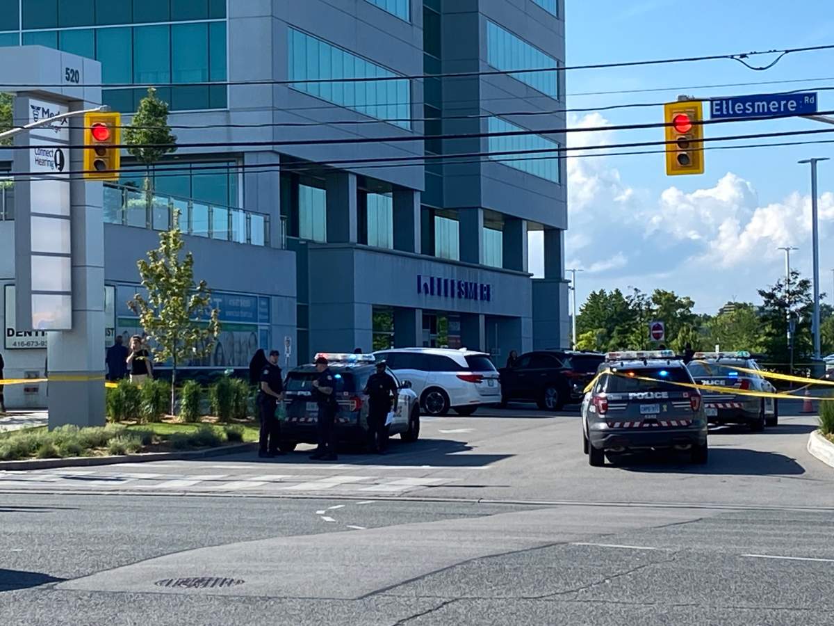 Police on the scene of an officer-involved shooting at Ellesmere Road and Warden Avenue on June 3, 2024.