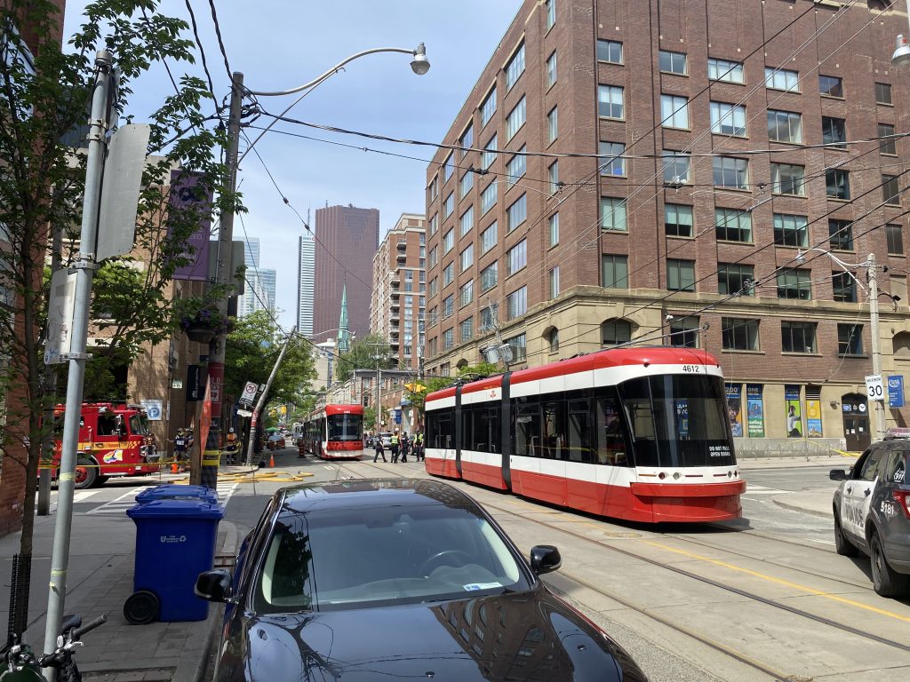 Toronto police were called to Frederick and King Street East for a collision involving a streetcar and a vehicle on Saturday, June 1, 2024.