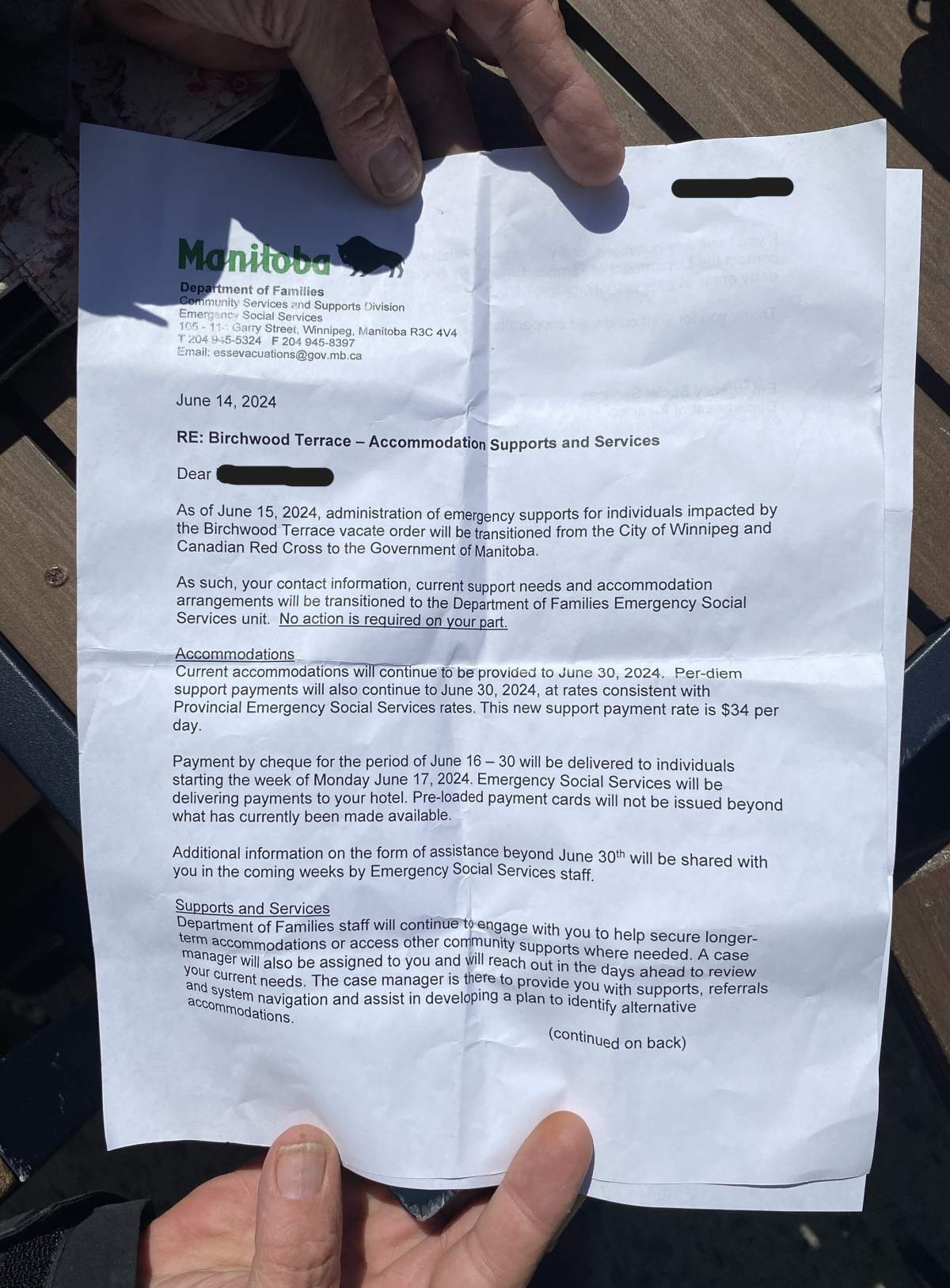 A letter received on June 14, 2024, by a Birchwood Terrace resident who is currently living in a hotel.