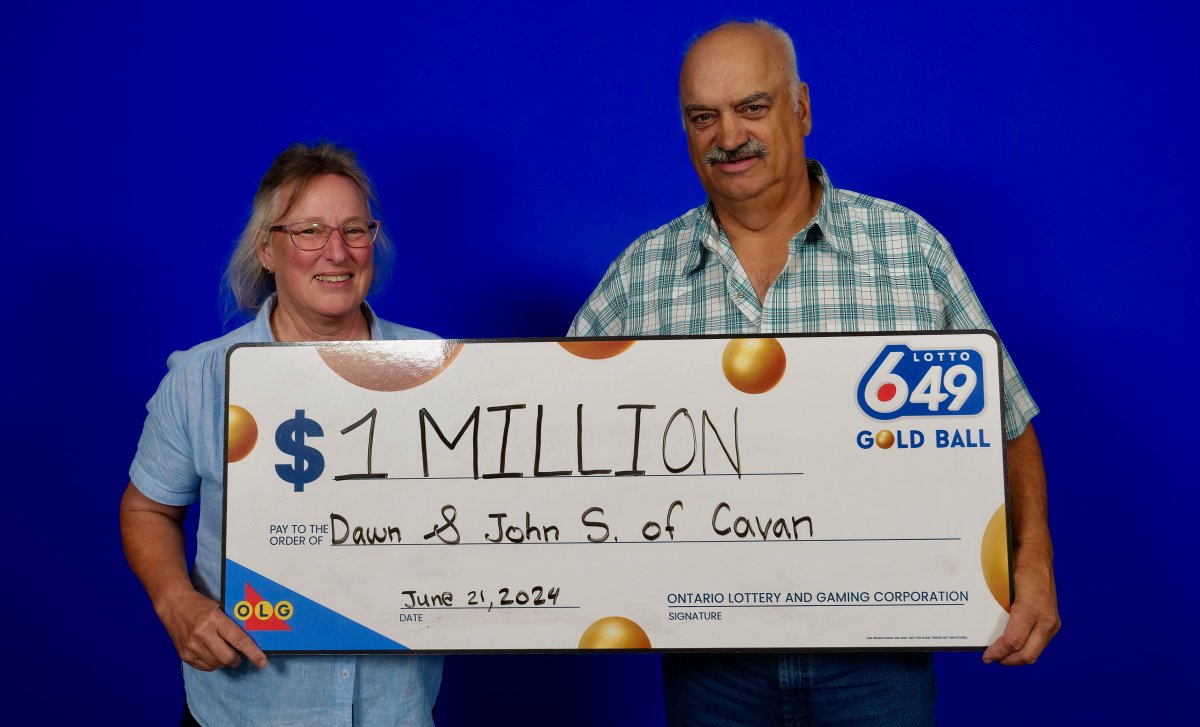 Dawn and John Shields of Cavan, Ont., claimed a $1-million prize in a Lotto 6/49 "Gold Ball" draw on April 13, 2024.