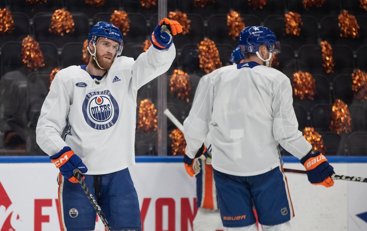 Edmonton Oilers' Connor McDavid (97) takes part in practice in Edmonton on Friday June 14, 2024. The Edmonton Oilers will be facing elimination when they host Game 4 of the NHL Stanley Cup final Saturday.