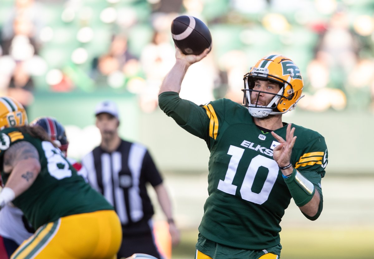 Elks QB McLeod Bethel-Thompson throws against the Montreal Alouettes defence on Friday, June 14, 2024.