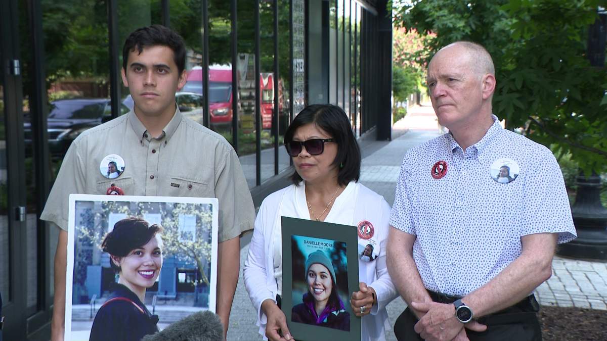 From left, David Moore, Clariss Moore and Chris Moore, the brother and parents of Danielle Moore, speak to Global News in Washington, D.C., ahead of Boeing CEO David Calhoun’s U.S. Senate testimony on June 18, 2024. Danielle Moore was one of the passengers of a Boeing 737 Max 8 aircraft that crashed in Ethiopia in 2019, killing everyone onboard