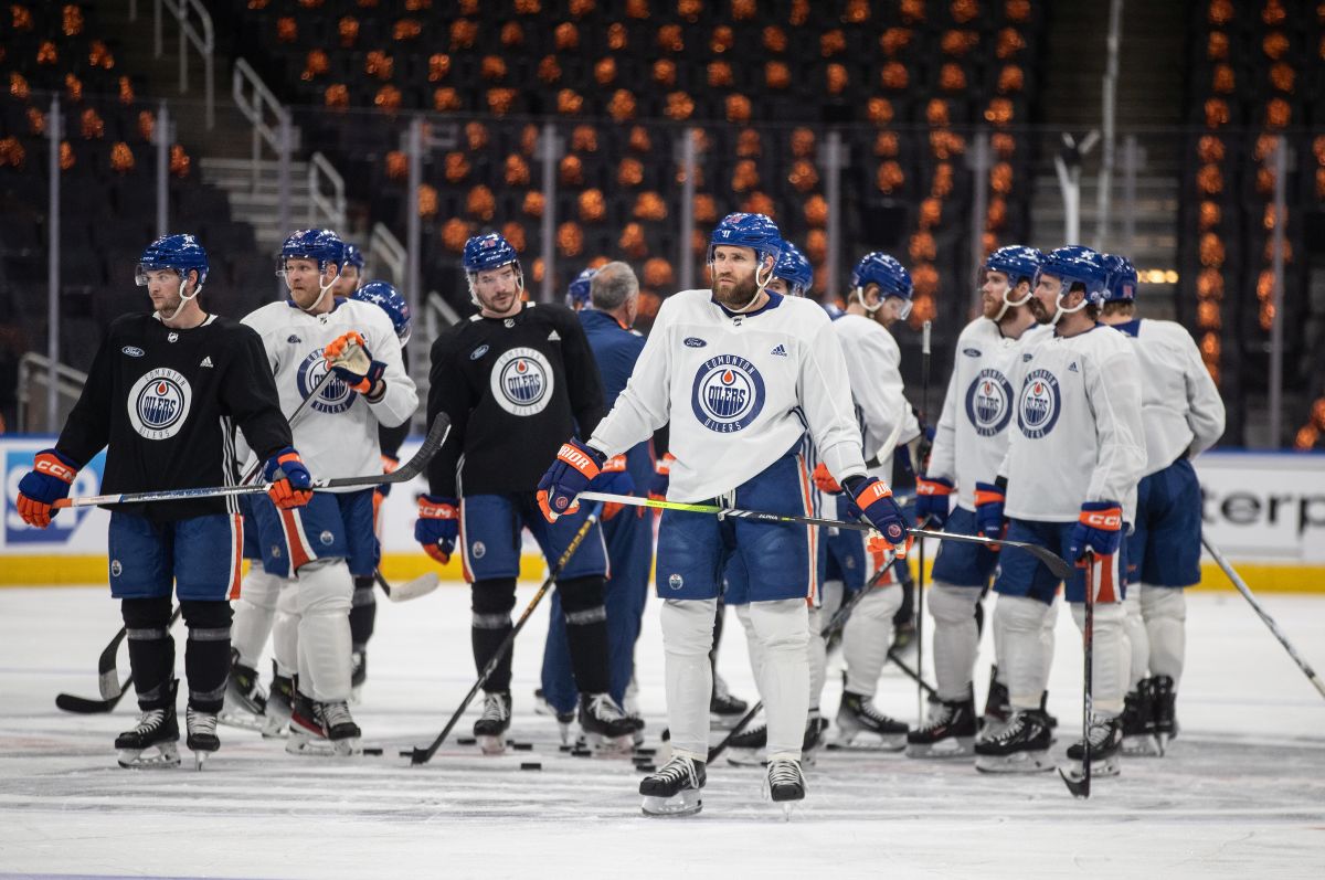 Edmonton Oilers' Leon Draisaitl (29) watches drills during practice in Edmonton on Friday June 14, 2024. The Edmonton Oilers will be facing elimination when they host Game 4 of the NHL Stanley Cup final Saturday.