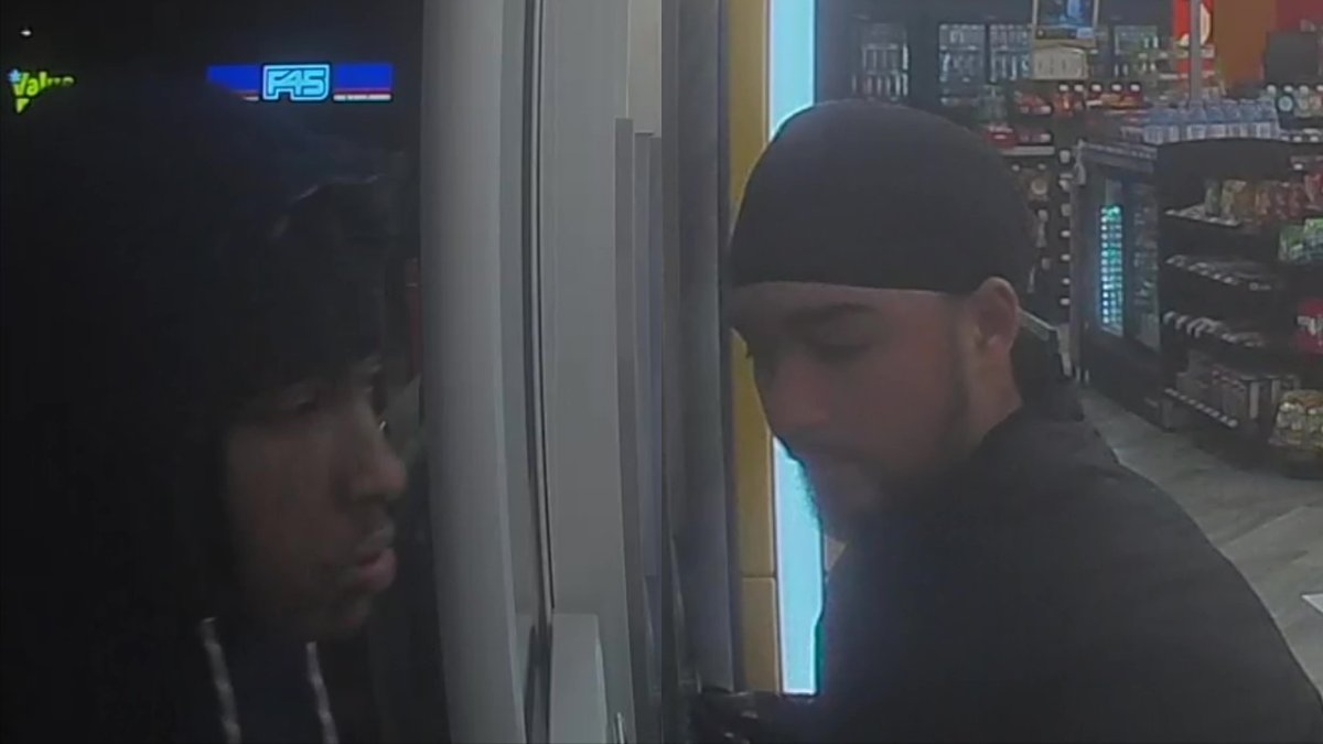 Two Edmonton extortion suspects captured on surveillance video at a Circle K at 20010 Lessard Road on Dec. 29, 2023.