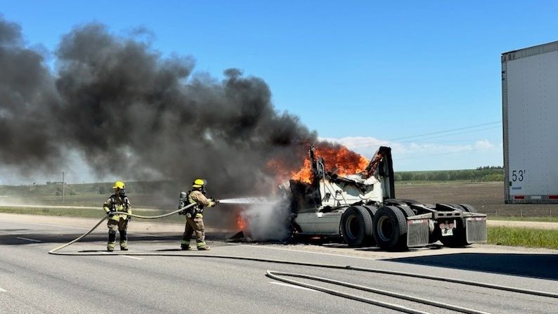 Nobody was injured after a fire involving a semi-tractor trailer unit that forced the closure of northbound lanes along the QEII highway on Friday, June 21, 2024.