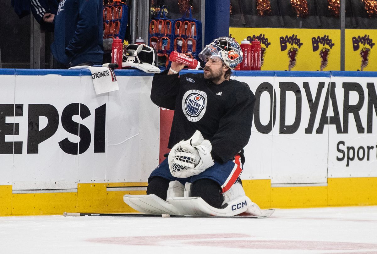 Edmonton Oilers goalie Stuart Skinner (74) takes a break during practice in Edmonton on Friday June 14, 2024. The Edmonton Oilers will be facing elimination when they host Game 4 of the NHL Stanley Cup final Saturday.