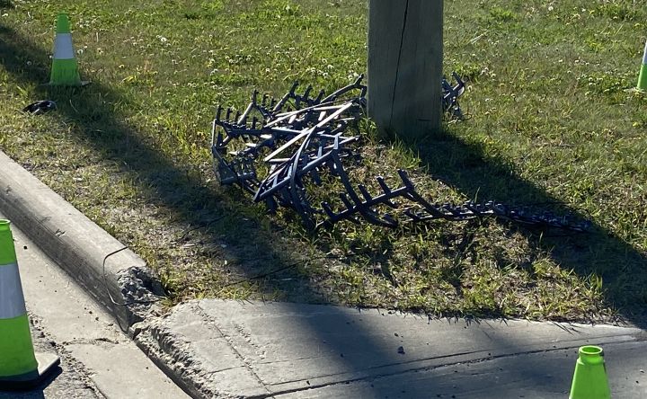 A spike belt is seen at 56th Avenue in Leduc, Alta., on June 20, 2024 as police investigate an undisclosed incident.