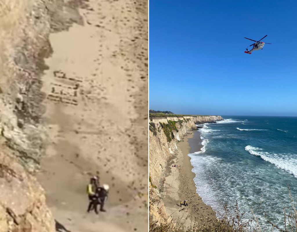 A zoomed-in image shows the sign the kite surfer was able to construct out of rocks, eventually capturing the attention of a private helicopter pilot.