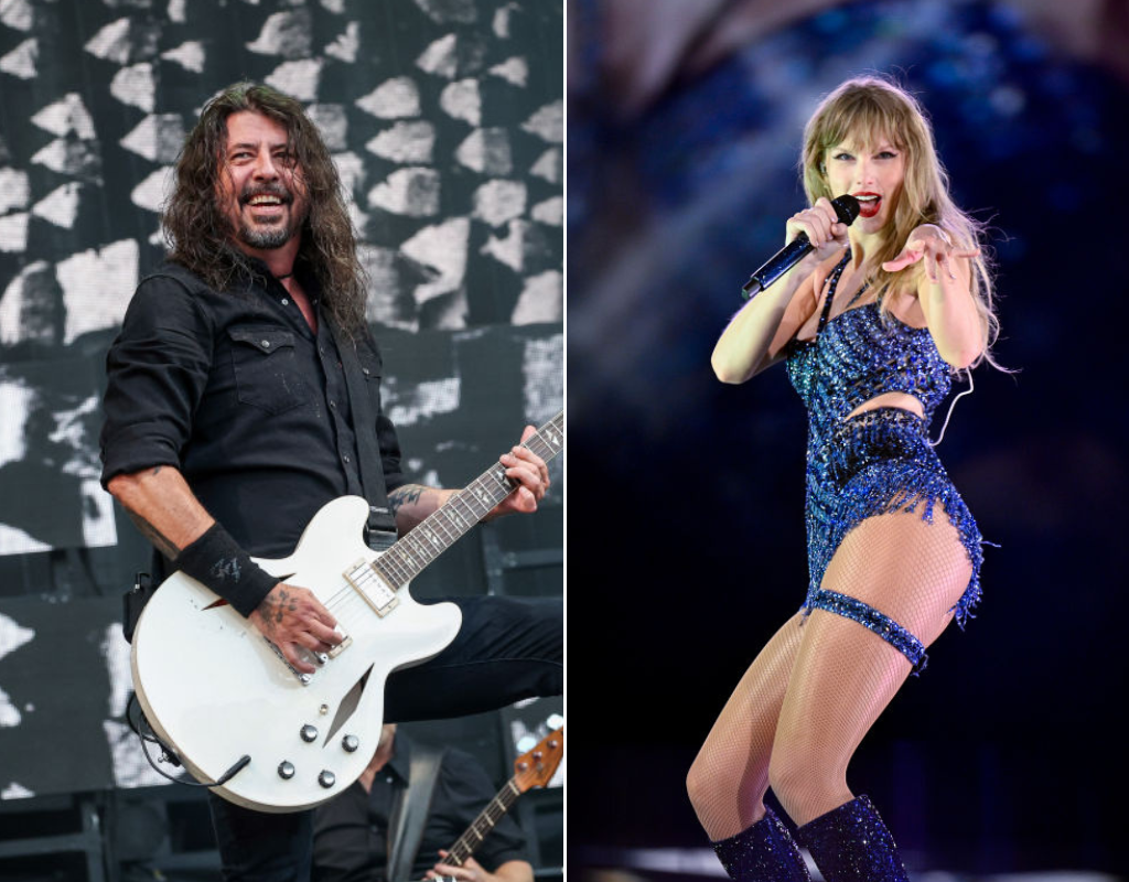 A split image. On the left is Dave Grohl holding a white guitar. On the left, Taylor Swift sings into a microphone.