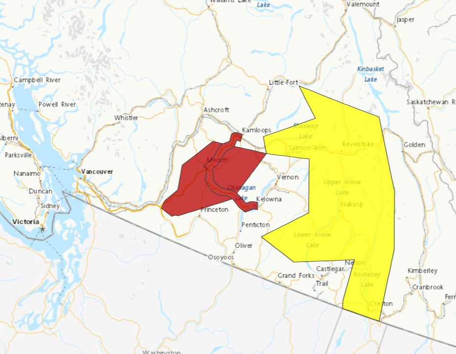 A map showing the wind warning (red) and the thunderstorm watch (yellow) for B.C.’s Southern Interior on Tuesday, June 11, 2024.