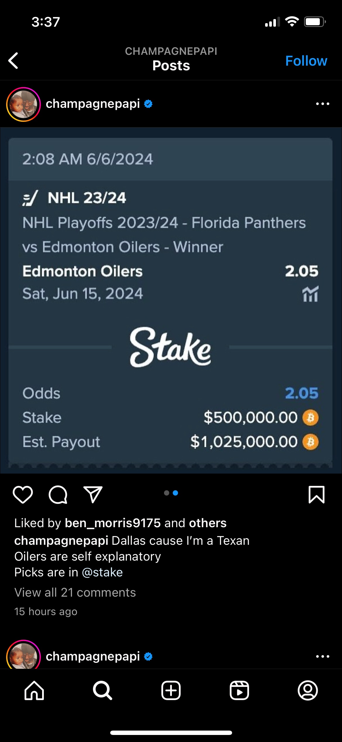 Canadian rap star Drake has placed a $500,000 bet on the Edmonton Oilers to win the Stanley Cup.