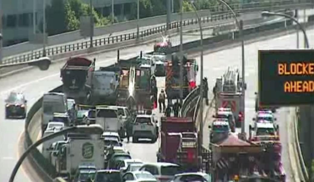 The scene of the crash in the westbound lanes of the Gardiner Expressway in downtown Toronto on Tuesday afternoon.