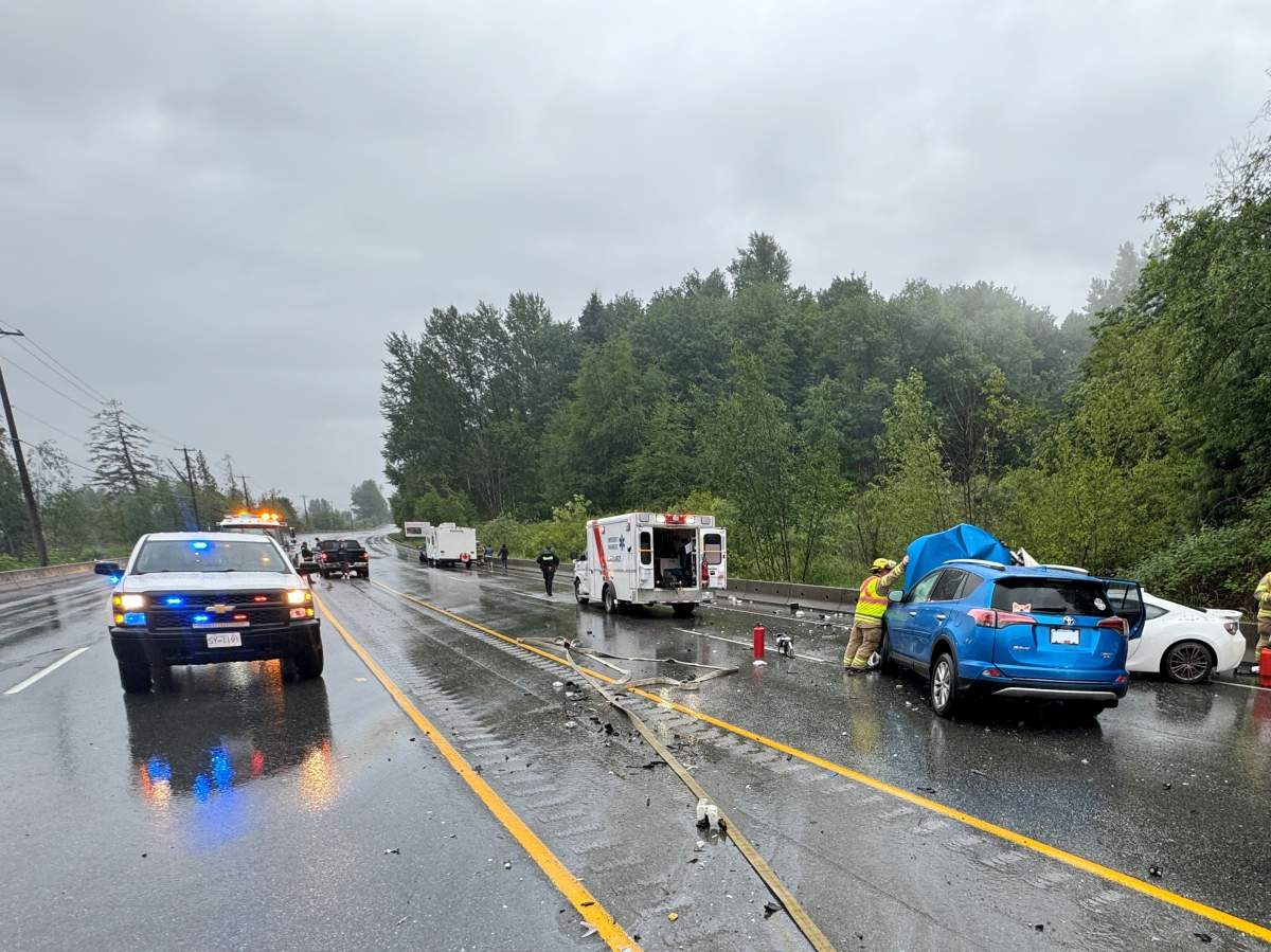 First responders at the scene of one of two crashes involving allegedly impaired drivers in Mission on Sunday. 