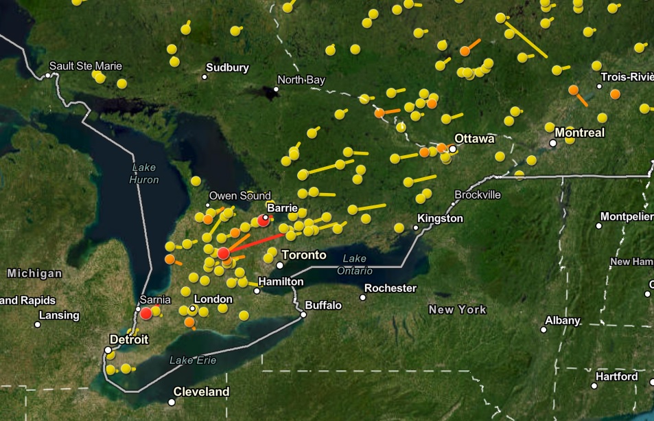 A map showing dots where tornadoes have hit.