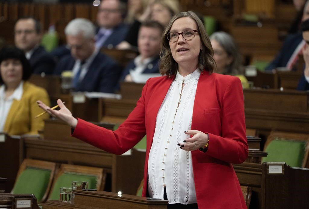 Karina Gould, leader of the government in the House of Commons rises during question period, Friday, Dec. 15, 2023 in Ottawa. THE CANADIAN PRESS/Adrian Wyld