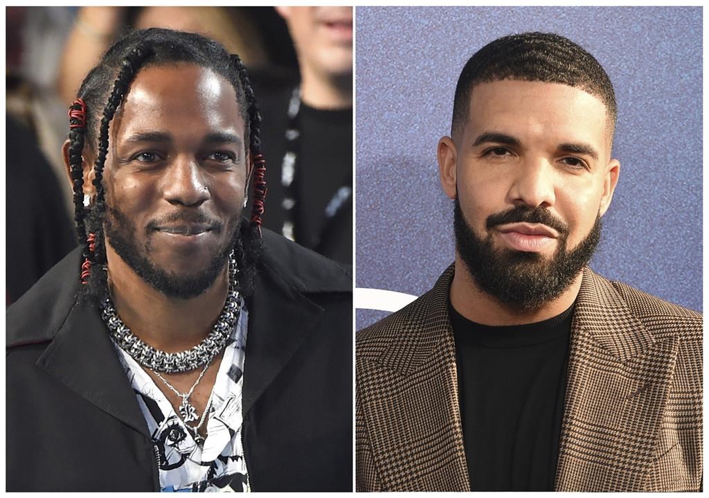 A composite image, made from two photos, show musician Kendrick Lamar, left, Aug. 27, 2017, in Inglewood, Calif., and Aubrey Graham, better known as Drake, at the premiere of the series “Euphoria,” in Los Angeles on June 4, 2019. Lamar released the video for his hit Drake takedown track “Not Like Us,” featuring imagery that references the Toronto rapper and his October’s Very Own fashion brand.