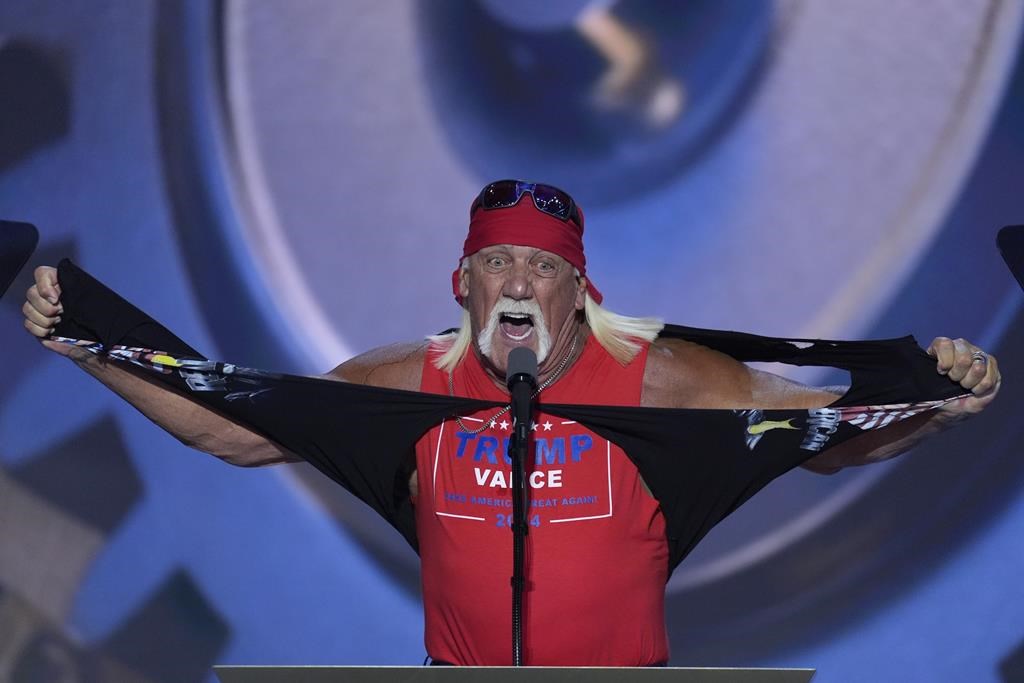 Hulk Hogan tears off his shirt while speaking on the final night of the Republican National Convention on Thursday, July 18, 2024, in Milwaukee.