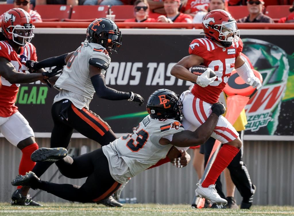 B.C. Lions Amir Siddiqi (93) tackles Calgary Stampeders Jalen Philpot (85) during first half CFL football action in Calgary, Alta., Sunday, July 21, 2024.