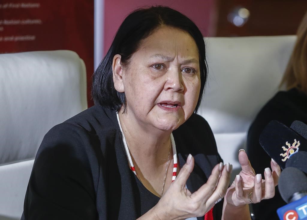 Cathy Merrick, Grand Chief of the Assembly of Manitoba Chiefs, speaks to media in Winnipeg, Manitoba, Friday, February 10, 2023. First Nations chiefs in Manitoba have voted to keep Merrick as the leader of the organization that represents the majority of First Nations in the province. 