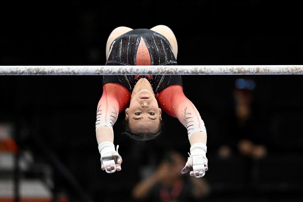 Ellie Black competes in the uneven bars in the Women's Artistic Gymnastics competition of the 2024 Canadian Gymnastics Championships, in Gatineau, Que., on Friday, June 7, 2024. Black was once a non-factor on the uneven bars. She now has a skill named after her. THE CANADIAN PRESS/Justin Tang.