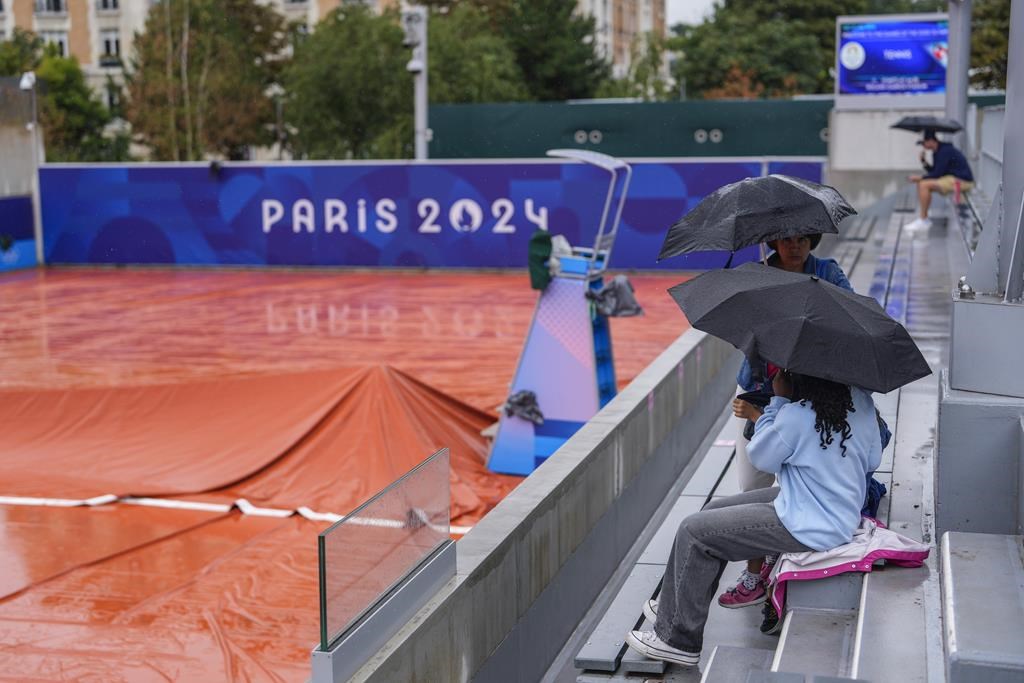 Spectators shield from the rain at the 2024 Summer Olympics, Saturday, July 27, 2024, in Paris, France. Canada’s Saturday morning tennis matches at the Olympics were cancelled as rain disrupted multiple outdoor sports. THE CANADIAN PRESS/AP-Manu Fernandez.