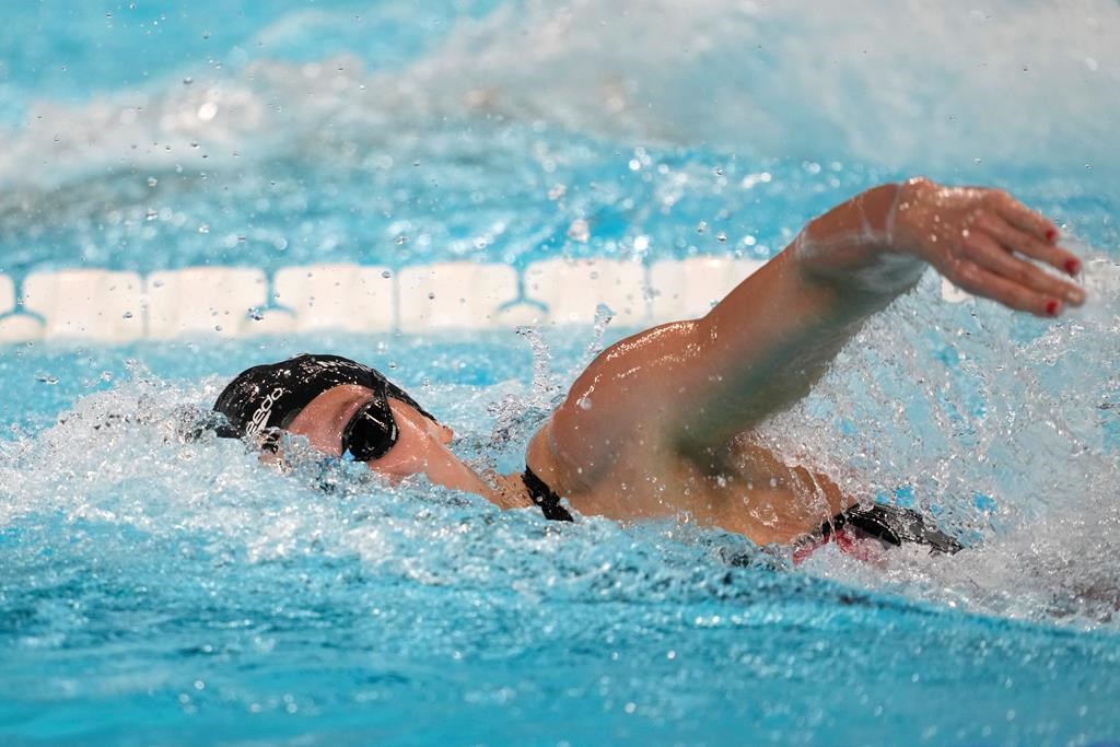 Summer McIntosh, of Canada, competes in the women's 400-meter freestyle final at the 2024 Summer Olympics, Saturday, July 27, 2024, in Nanterre, France. THE CANADIAN PRESS/Adrian Wyld.