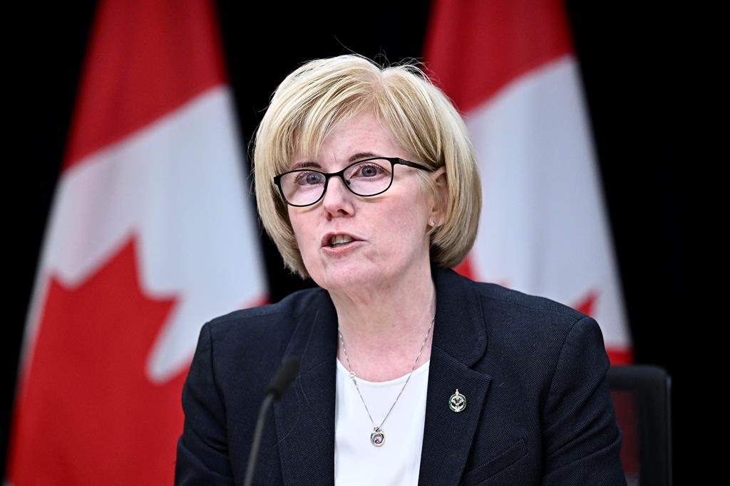 Minister of Sport and Physical Activity Carla Qualtrough speaks at a news conference on the Future of Sport in Canada Commission, at the National Press Theatre in Ottawa, on Thursday, May 9, 2024. Qualtrough says the government is withholding funding relating to suspended Canada Soccer officials.THE CANADIAN PRESS/Justin Tang.