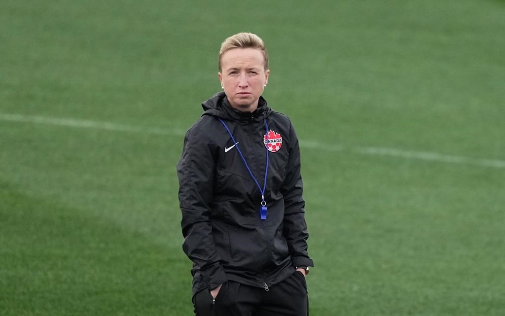 Canada coach Bev Priestman attends a training session at the FIFA Women's World Cup in Melbourne, Australia, Sunday, July 30, 2023. THE CANADIAN PRESS/Scott Barbour.