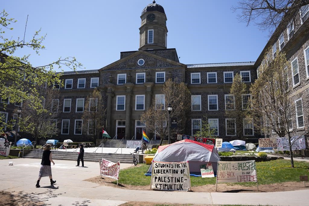 A pro-Palestinian encampment on the Dalhousie University campus in Halifax is shown on Monday, May 13, 2024.