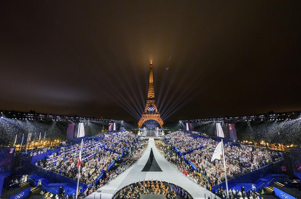 An overview of the Trocadero venue with the Eiffel Tower in the background, in Paris, during the opening ceremony of the 2024 Summer Olympics, Friday, July 26, 2024.