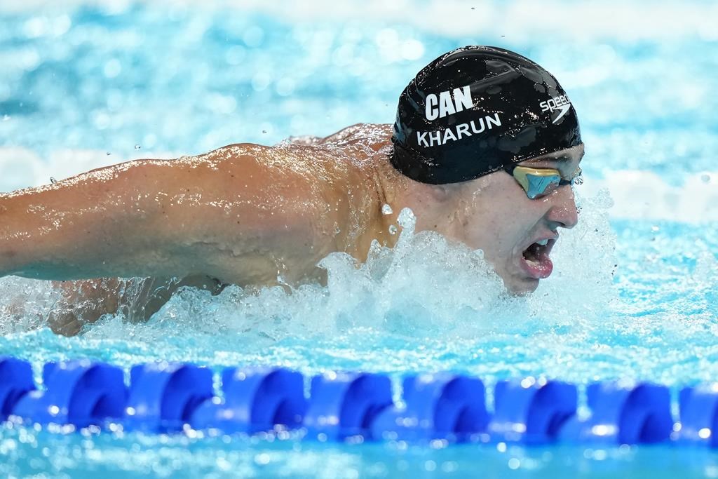 Ilya Kharun, of Canada, swims in the men's 200-metre butterfly final at the 2024 Summer Olympics in Nanterre, France on Wednesday, July 31, 2024. THE CANADIAN PRESS/Nathan Denette.