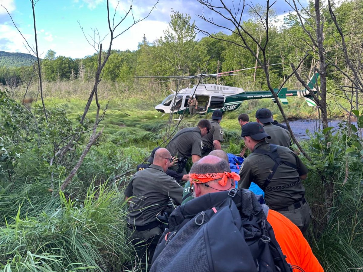 Rescue workers lift a stretcher carrying 75-year-old Michael Altmaier to a helicopter after he was stuck in a bog for four days.