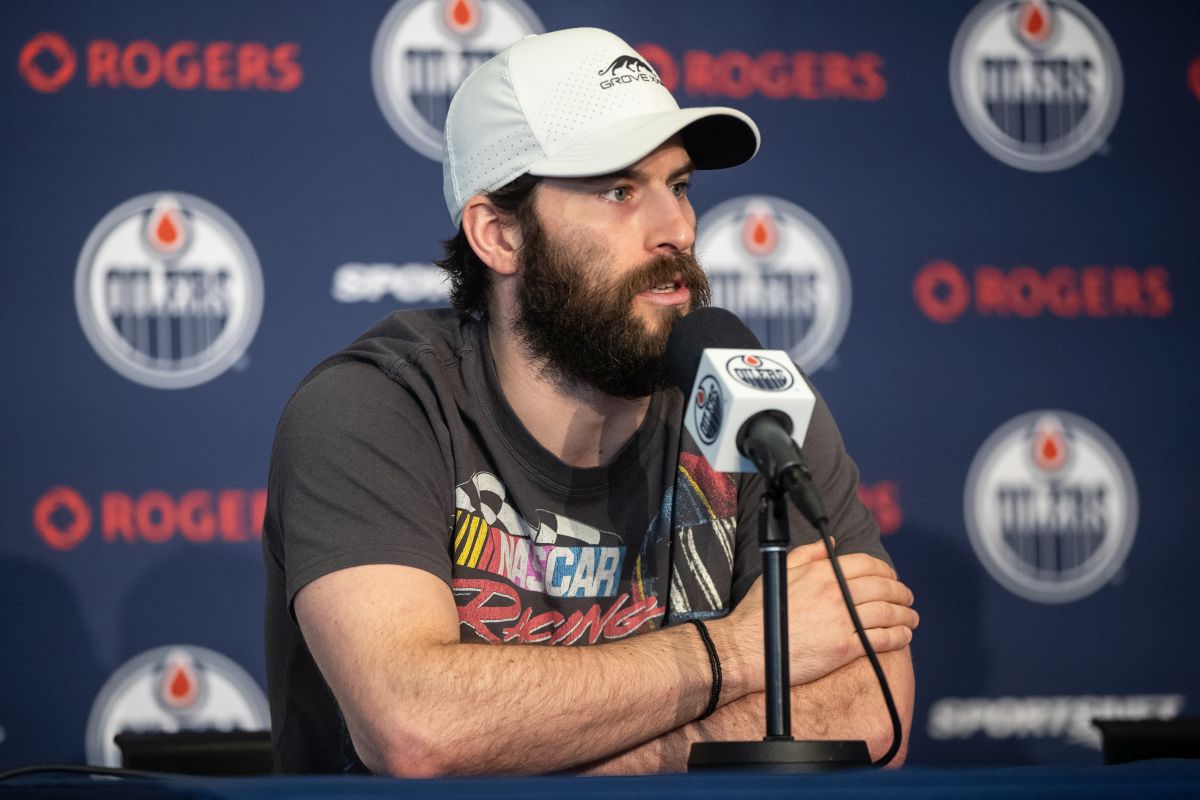 Edmonton Oilers' Adam Henrique speaks during a press conference after getting back from losing to the Florida Panthers in Game 7 of the NHL Stanley Cup final, in Edmonton on Wednesday June 26, 2024.