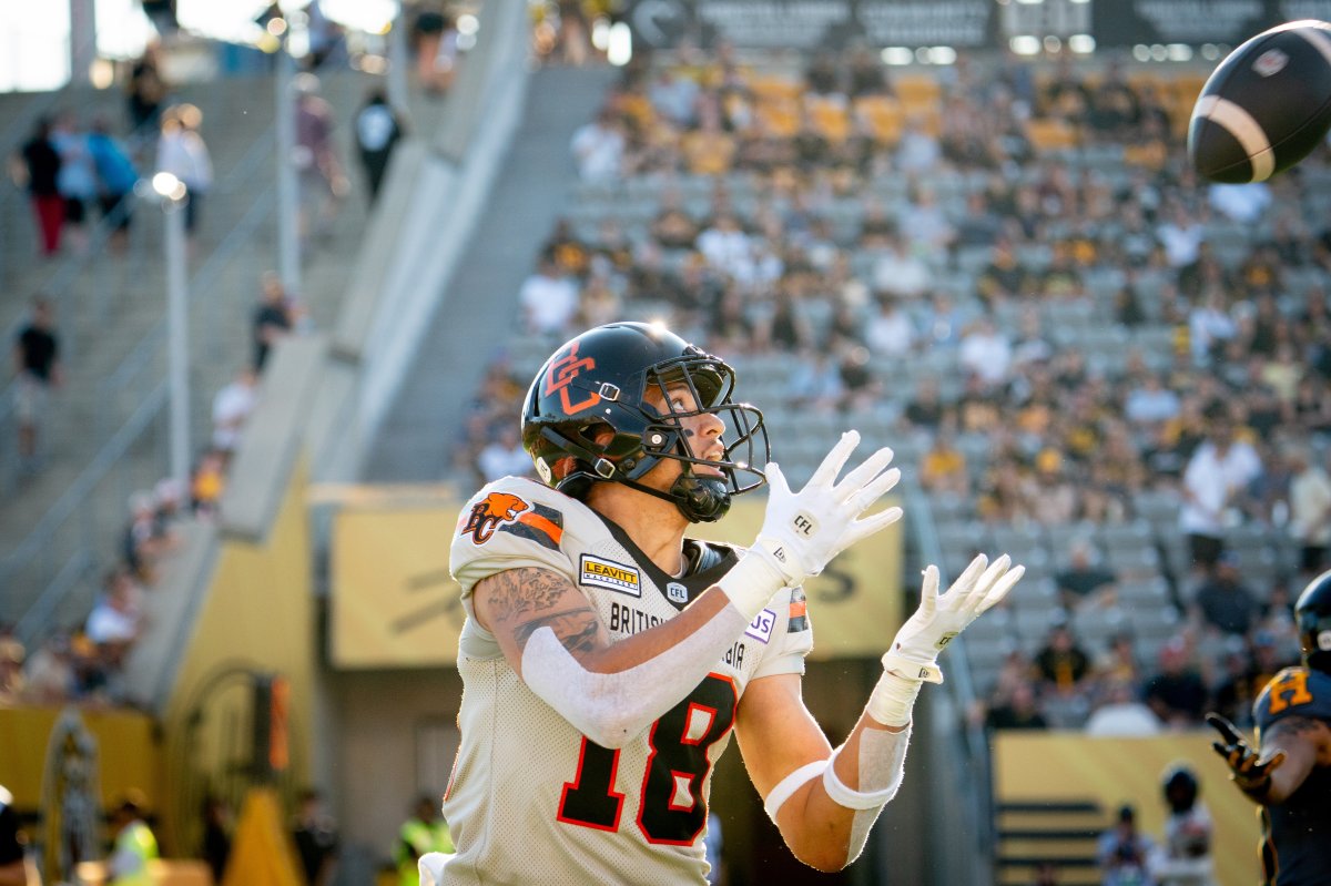 BC Lions wide receiver Justin McInnis (18) catches a touchdown during CFL football game action against the Hamilton Tiger Cats in Hamilton, Ont. on Sunday, July 7, 2024.