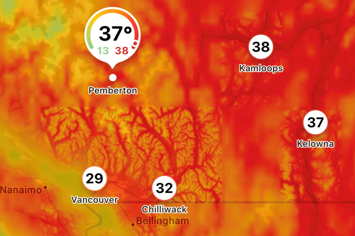 A graphic showing temperatures across southern B.C. on Wednesday afternoon, July 17, 2024.